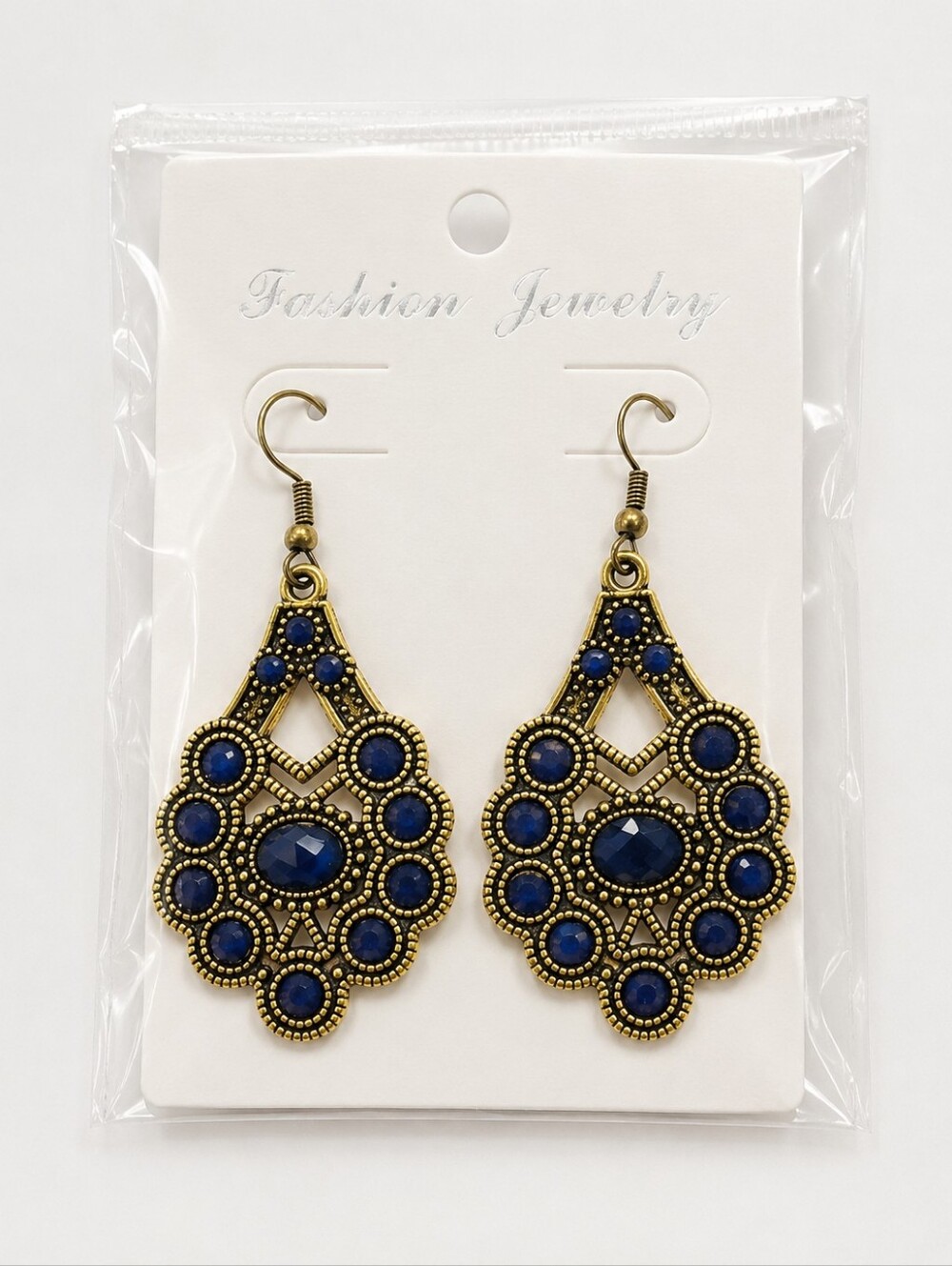 Vintage Style Boho Chandelier Earrings Royal Blue Rhinestone Antique Bronze
